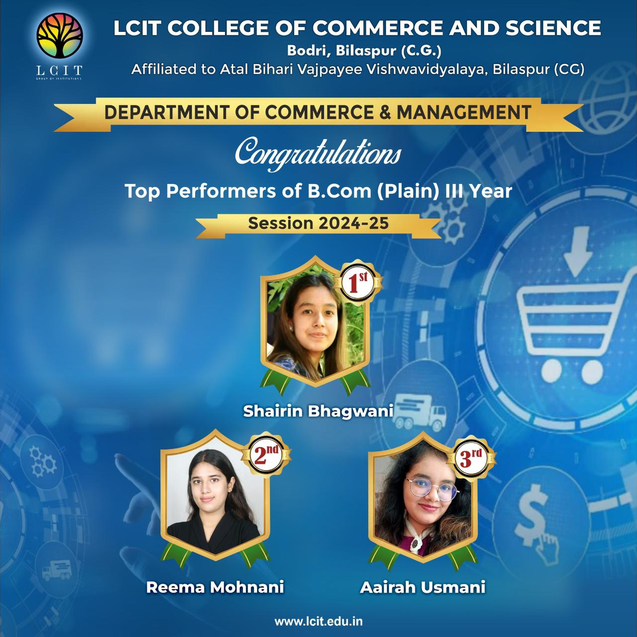 Top performances of B. Com. Plain III Sem