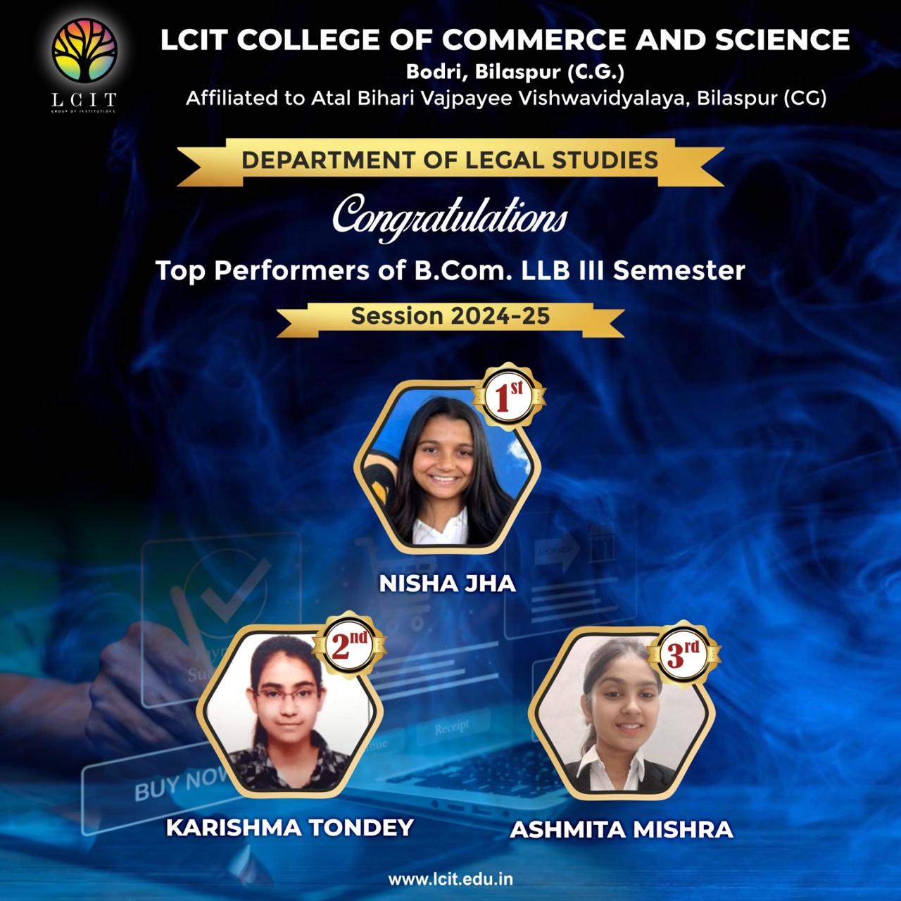 Top performances of B. Com LLB III  Semester