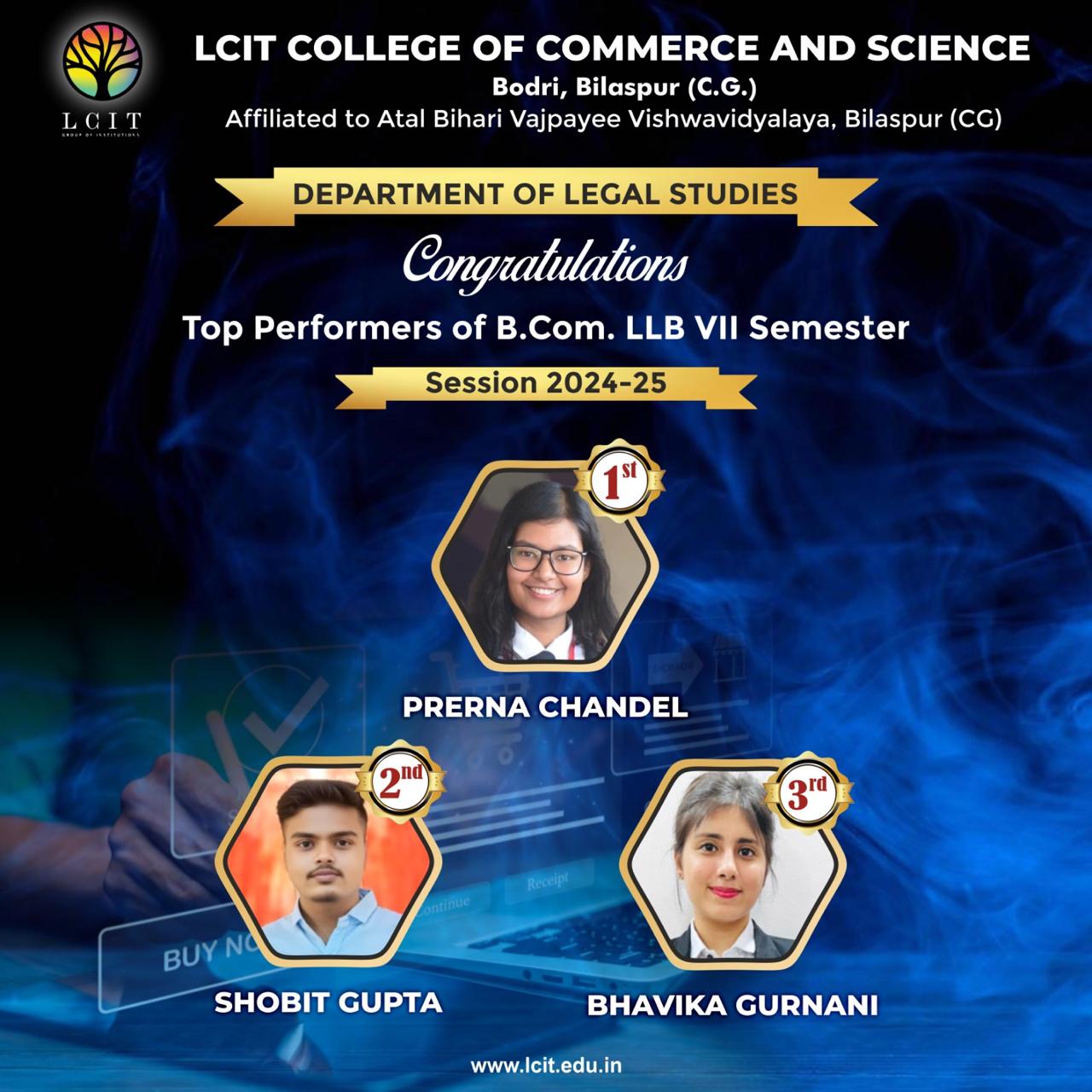Top performances of B. Com LLB IIV  Semester