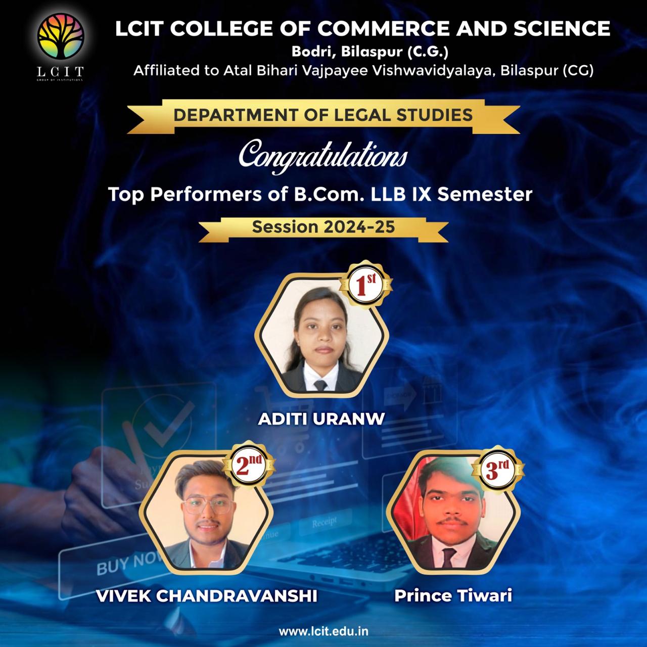 Top performances of B. Com LLB IX  Semester