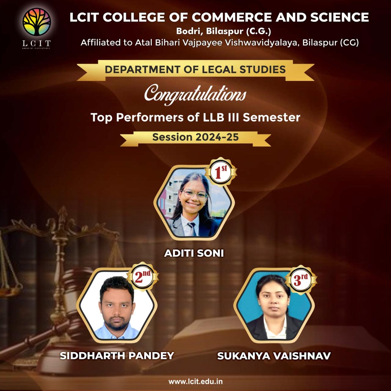 Top Performers of LLB III Semester